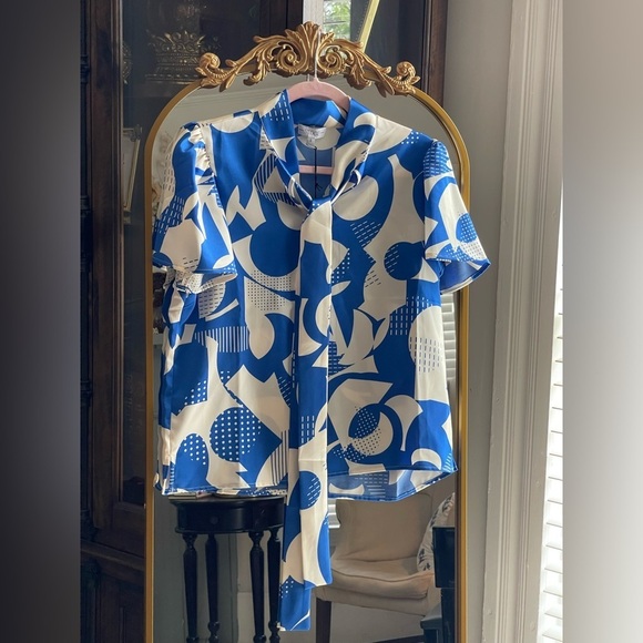 S’EDGE Tops - L S'EDGE NWT Arden Blue and White Short Sleeve Tie Neck Blouse